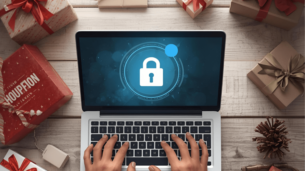 Person shopping online with laptop and holiday lights